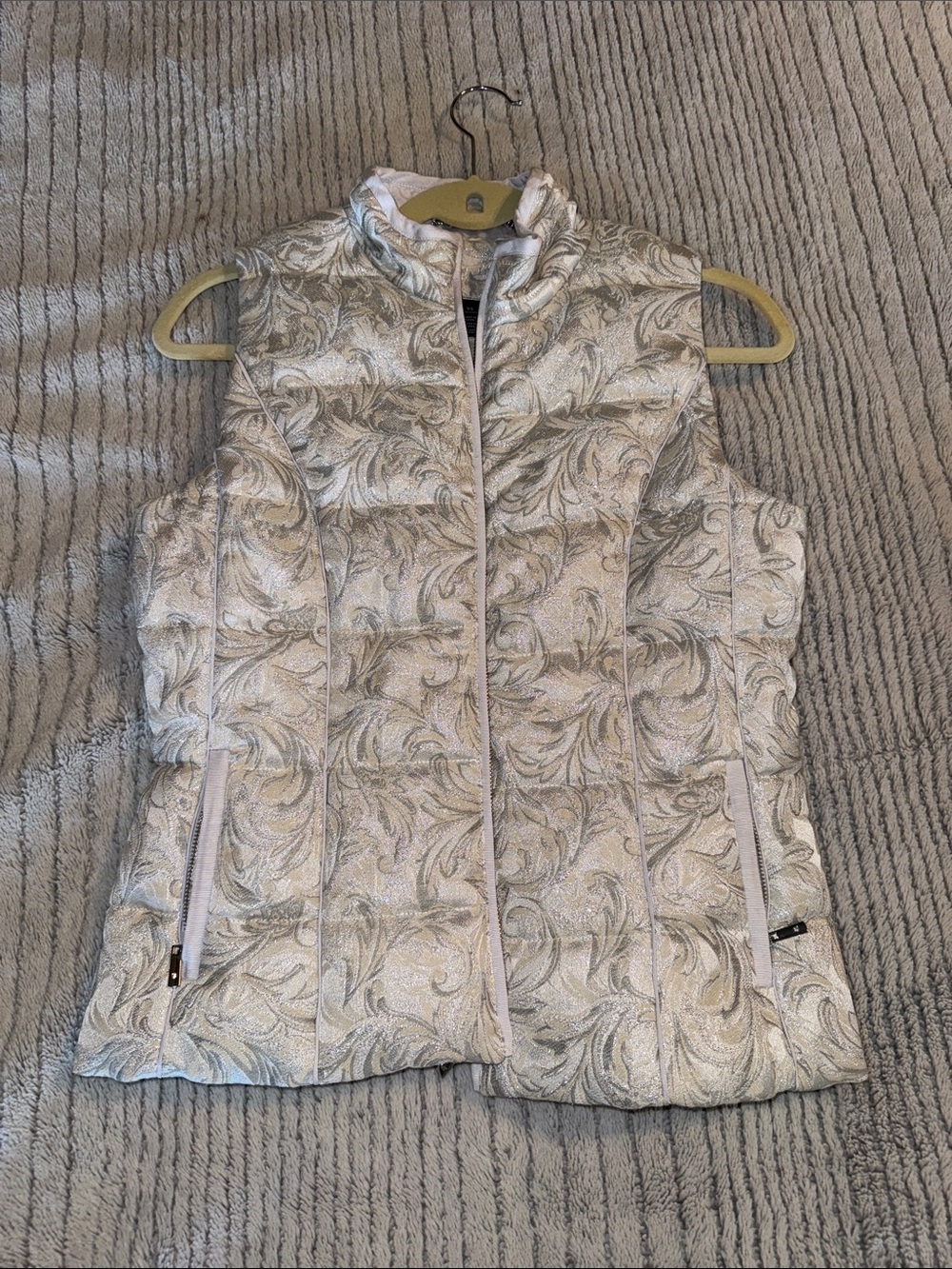 White House Black Market Silver Floral Puffer Vest